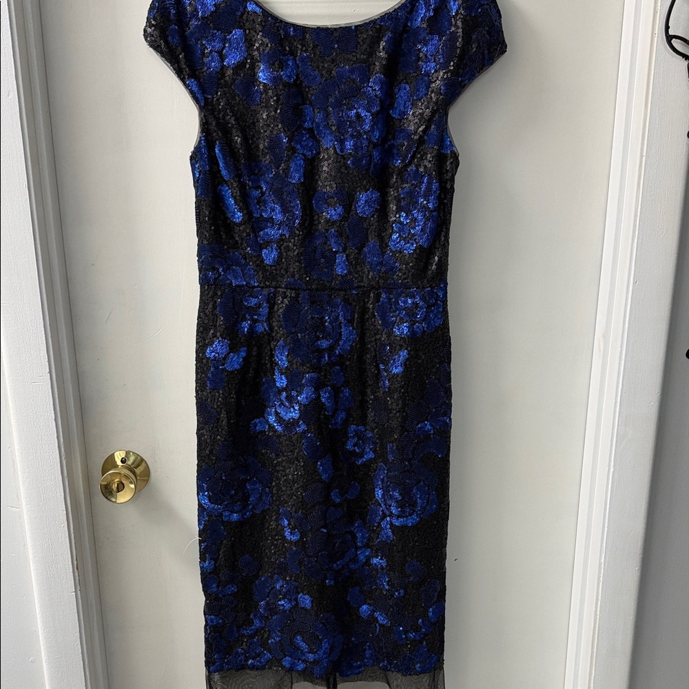 Vera Wang Black and Royal Blue Floral Lace Midi Dress